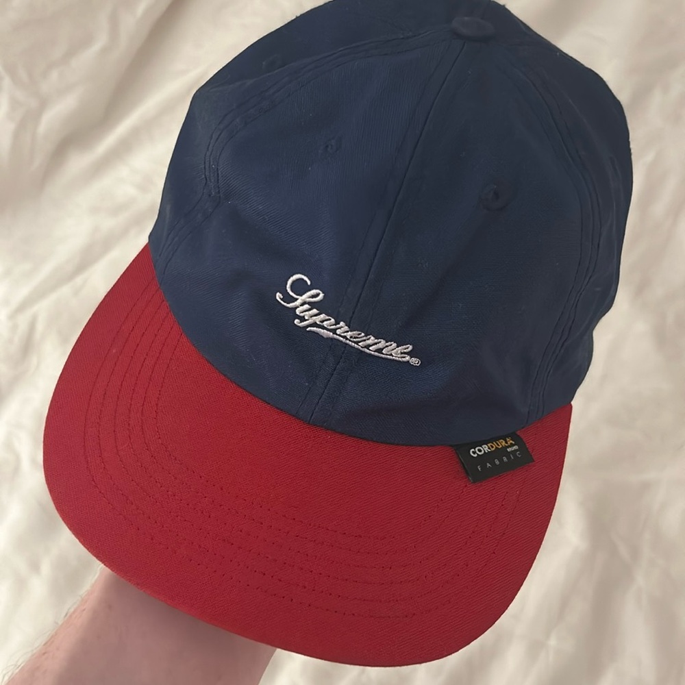 Supreme script logo 5 panel cap Cordura fabric blue with red brim